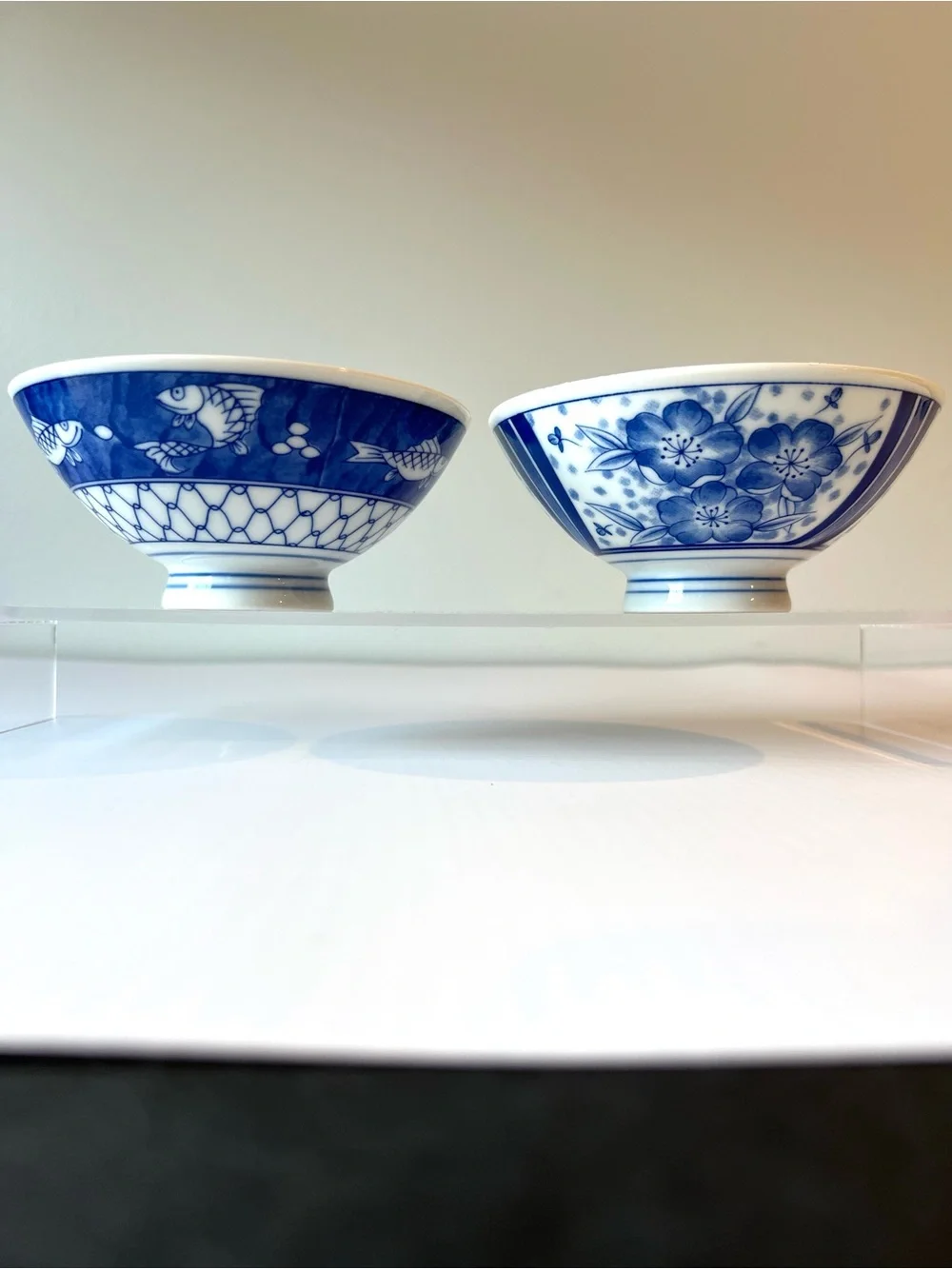 Vintage Pier 1 Blue & White Footed Porcelain Bowls for Rice / Soup, 2pc Set